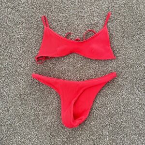 Kulani Kinis Neon Coral Ribbed Triangle Bikini Set XS High Cut Cheeky Swimwear